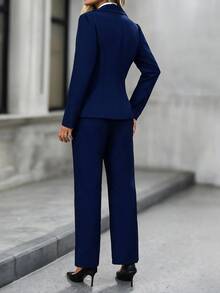 EMERY ROSE Women's Solid Color Single-Breasted Lapel NeckJacket, Vest And Pants Casual Suit Set Autumn Winter - Navy Blue - View 2