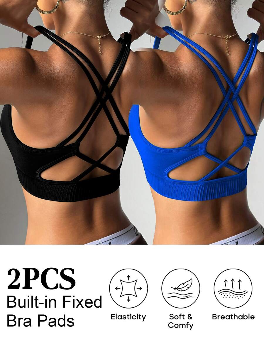 SHEIN Cheerettes 女款無縫純色交叉背日常健身運動內衣 - 彩色 - 查看 1