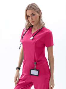 TaskEZ Women's Matte Wrap Top With 2 Pockets And Princess Seams On Back - Hot Pink - View 6