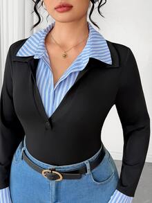 Elenzga Plus Size Women's Sexy High-End Contrast Color 2 In 1 POLO Collar Top, Spring Slim Fit Flattering Inner Layer Base Shirt, - Multicolor - View 3