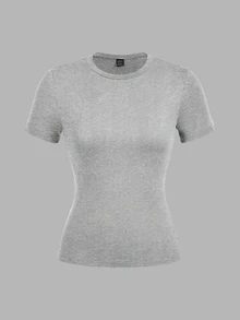 SHEIN EZwear 休閒極簡風黑色、灰色、紅色 3 件組女款圓領修身長版短袖 T 恤套裝，適合夏季 - 彩色 - 查看 4