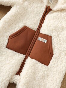 SHEIN Baby Boy Autumn/Winter Color Block Zipper Front Plush Hooded Romper - Apricot - View 4