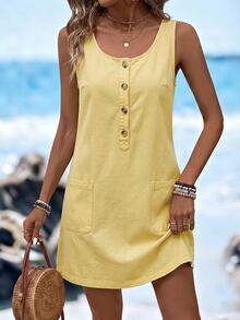 EMERY ROSE EMERY ROSE Women's Button Half-Placket Pocket Design Sleeveless Denim Dress Teacher Outfits For Women - Yellow - View 4