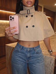 Slaydiva Khaki Cropped Cape Trench Coat | Vintage Short Poncho Jacket-Z - Khaki - View 6