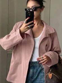DAZY 女款素色長袖單排扣休閒合身夾克外套 秋季 - 粉色 - 查看 3