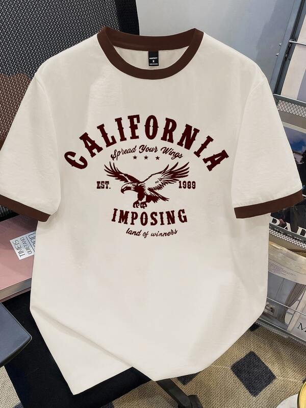 Daypath T-shirt col rond pour homme, patchwork marron aux poignets, imprimé aigle vintage américain, couleurs contrastées, imprimé classique avec bordure vintage contrastée, style décontracté instantané