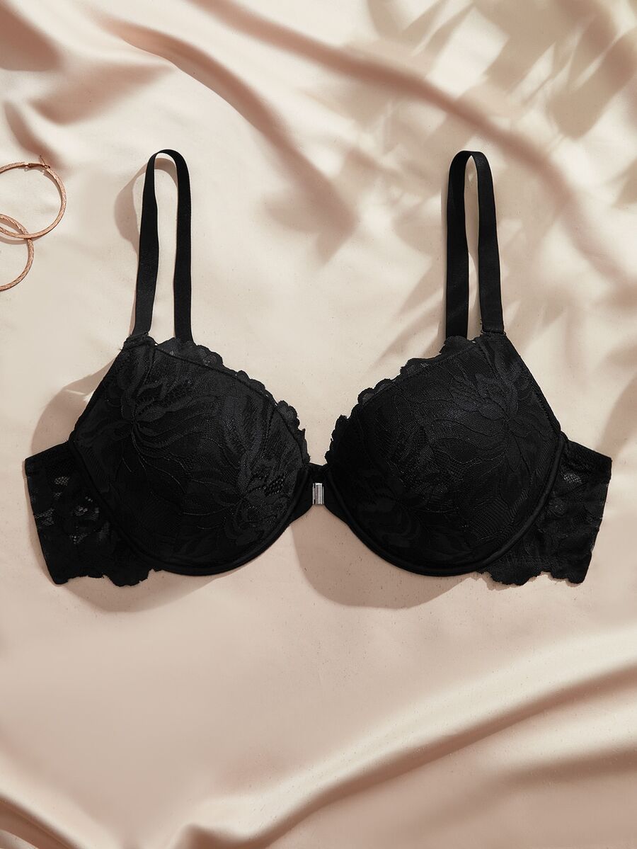 Charlaine 1pc Plus Size Women's Floral Lace Push-Up Bra, Lift And Side-Boob Support, Comfortable Everyday/Casual/Vacation/Commute Base Layer - Black - View 1