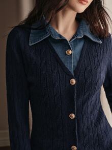 Anewsta Women's Navy Blue Knit POLO Collar Turn-Down Collar 2 In 1 Cardigan Sweater Casual Sweater Jacket, Autumn/Winter - Navy Blue - View 2