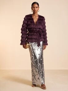 Vesra Shiny Faux Fur Cross Collar Belted Wrap Party Elegant Women's Regular Coat - Red Violet - View 6