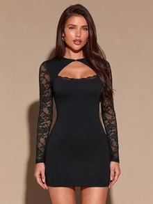 SHEIN BAE Gaun Mini Wanita Warna Hitam Polos Lengan Panjang Leher Persegi dengan Potongan Renda untuk Musim Gugur/Dingin - Hitam - View 5