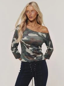 SHEIN Unity Women's Autumn Fashion Camouflage Print Rhinestone Decor Asymmetric Collar Top - Multicolor - View 1