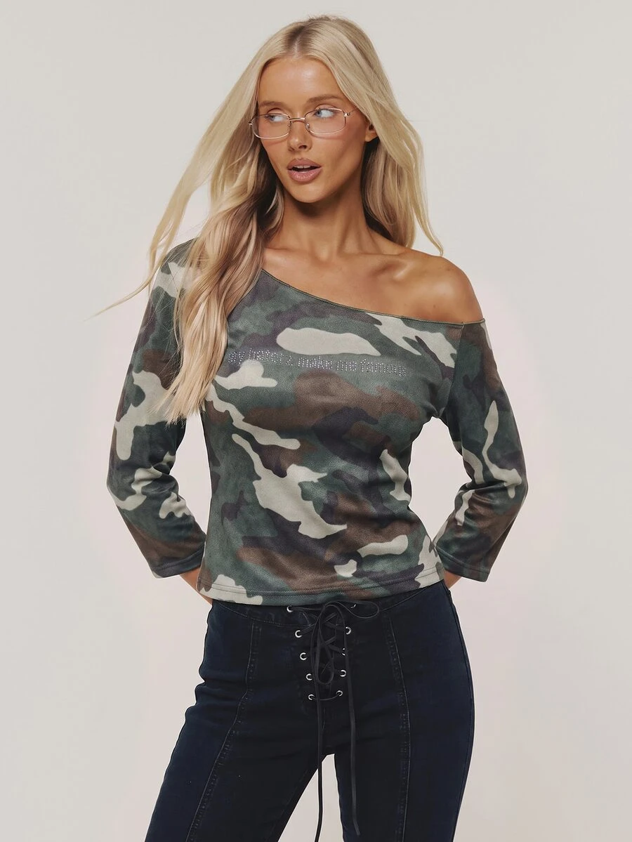 SHEIN Unity Women's Autumn Fashion Camouflage Print Rhinestone Decor Asymmetric Collar Top - Multicolor - View 1