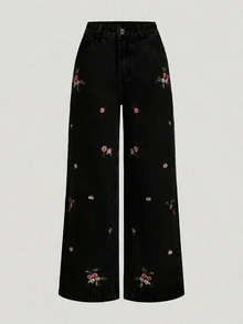 Sweetra Embroidered Casual Women's Jeans - Black - View 3