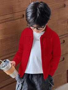 SHEIN 小男孩休閒扭花針織前開拉鍊開襟衫 - 紅色 - 查看 4