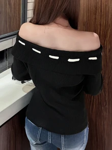 FRIFUL Women's Autumn Off-Shoulder Contrast Color Drawstring Tie Flare Sleeve Sweater Long Sleeve Tops - Black - View 2