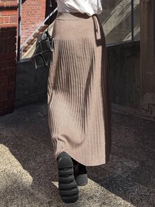 FRIFUL Rok Rajut Polos Kasual Wanita, Musim Gugur/Dingin - Khaki - View 6