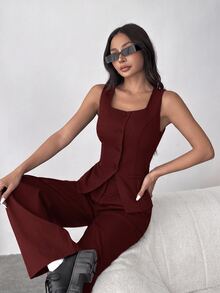 SHEIN EZwear 女款純色寬肩帶前扣無袖簡約休閒西裝外套 秋冬款 - 酒紅色 - 查看 7