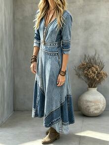 SHEIN LUNE Autumn/Winter Plus Size Women's Fashion 3/4 Sleeve V-Neck Dress - Blue - View 3