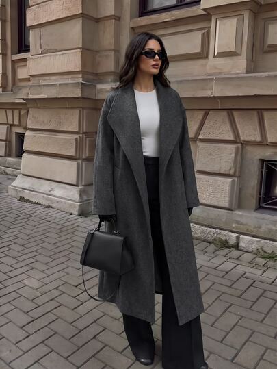 Firerie Women's Autumn/Winter New Loose Long Sleeve A-Line Wool Blend Mid-Length Coat, Grey Fashion Streetwear Jacket, Suitable For Daily Commute And Home Wear