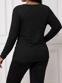 SHEIN Lady Rhinestone Elegant Casual Minimalist Plus Size T-Shirt Suitable For Autumn Party Outfit - Black - View 2