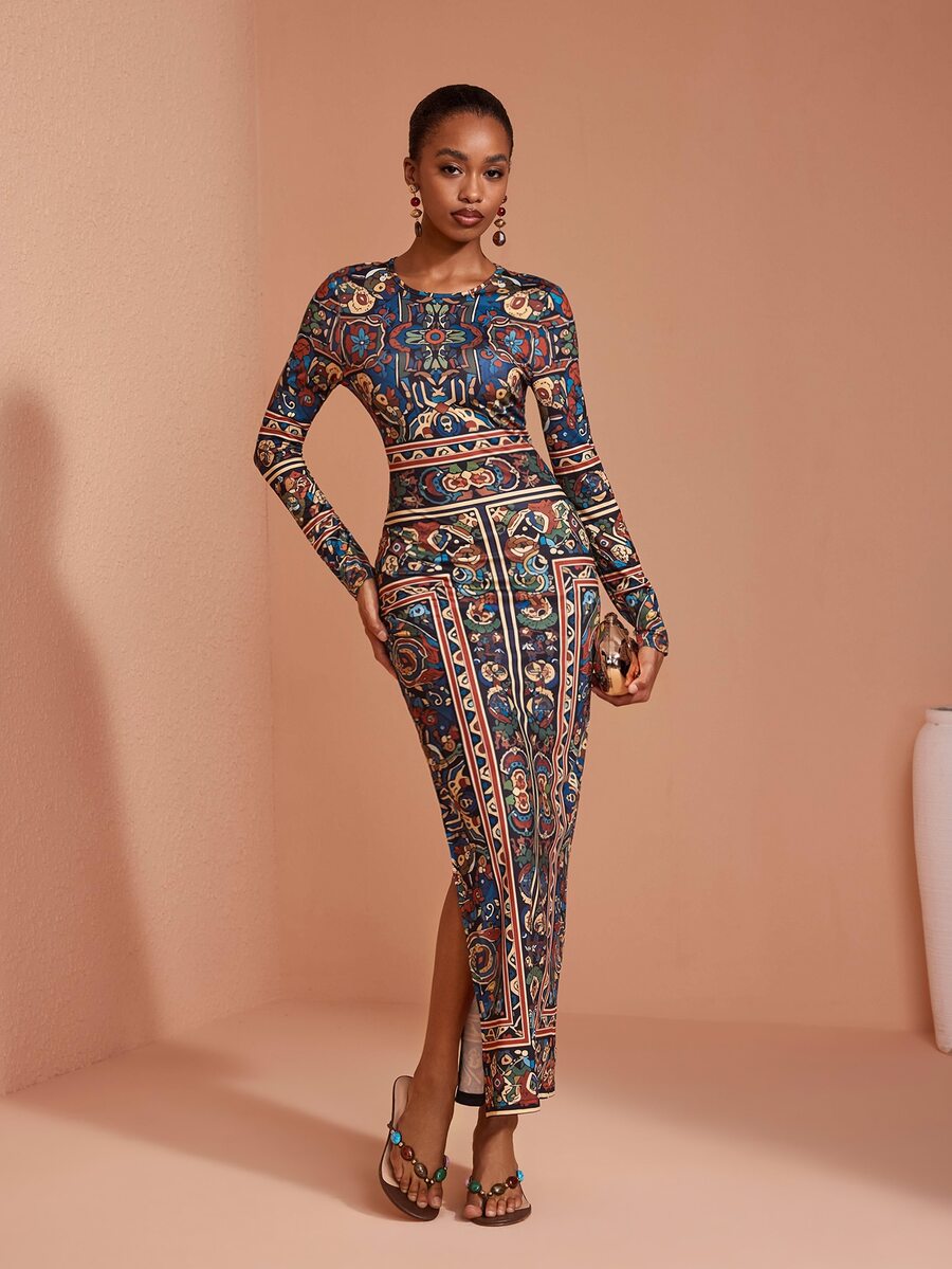 JIAN LASALA Knit Long Sleeve Round Neckline Side Slit Long Dress Elegant Vacation Casual - Multicolor - View 1