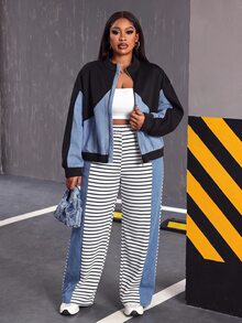 Slaydiva Plus Size Women's Striped Patchwork Casual Everyday Denim Jeans - Blue and White - View 5