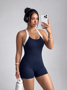 SHEIN Velisys Women's Plus-Size Summer Stretchy Color-Block Crew Neck Criss-Cross Back Sports Bodysuit - Blue - View 1