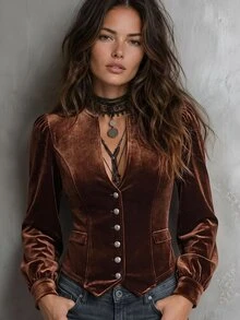 Solivie Women's Elegant Velvet Slim Fit Jacket, Autumn  Party  Going Out Tops Casual Blouses For Women Elegant Women's Blouses - Camel - View 6