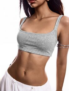 SHEIN EZwear 黑色緊身運動風純色短版細肩帶背心上衣 - 灰色 - 查看 7