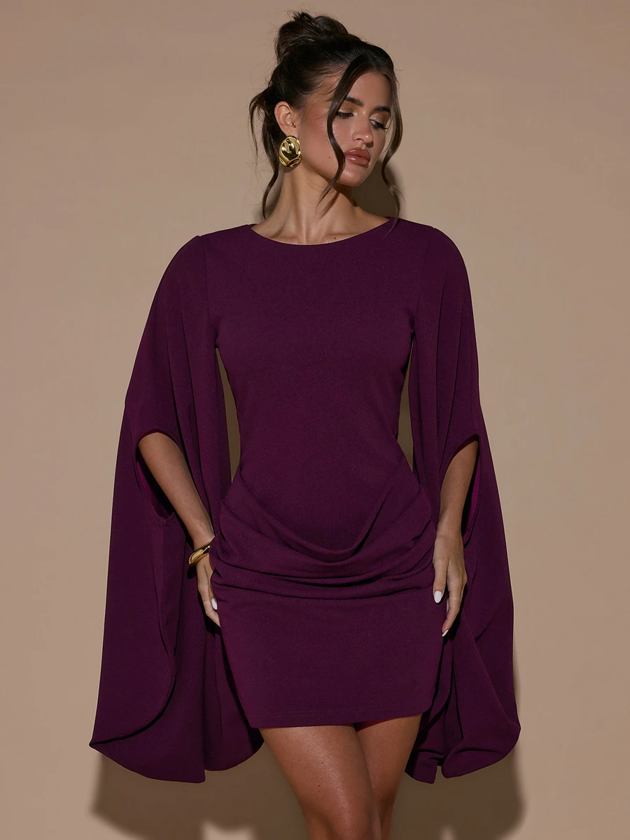SHEIN BAE Fall Winter Plum Purple Cape Sleeve Round Neck Bodycon Ruched Sexy Mini Dress Thanksgiving Party Cocktail Short Dresses - Rose Red - View 1