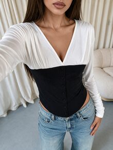 Coastalzia Two Tone V Neck Ruched Long Sleeve Corset Top, Color Block Button Front Slim Fitted Crop Blouse - Multicolor - View 3