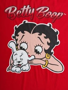 Betty Boop x SHEIN Plus Size Women's Short Sleeve T-Shirt And Shorts Pajama Set - Red - View 3