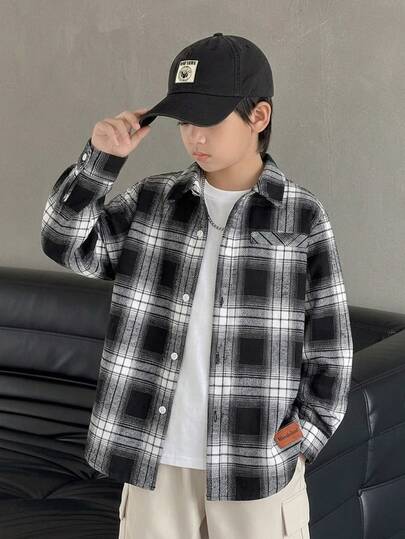 兒童青少年男孩休閒日常舒適黑白格紋翻領寬鬆長袖梭織鈕扣襯衫，適合通勤、上學、日常休閒、度假、旅行、運動，秋冬穿著