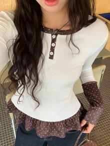 DAZY Women's Round Neck Colorblock Polka Dot Long Sleeve T-Shirt Fall - White - View 7