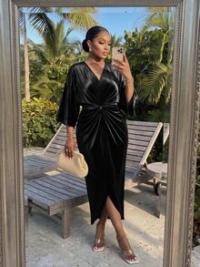 SHEIN Lady CURVE Plus Size Elegant Party Knot Waist Dress - Black - View 4