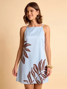 CAJUNI Gaun Kasual Liburan Motif Bunga dengan Tali Bahu Tipis - Biru - View 6