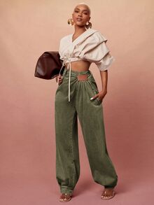Vixey Women's Fashion Ruched Tapered Leg Jeans - Olive Green - View 2