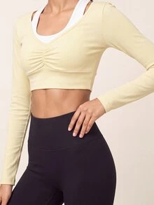 SHEIN BAE Women's Pleated 2 In 1 Long Sleeve Halter Neck Sports T-Shirt - Butter Yellow - View 4