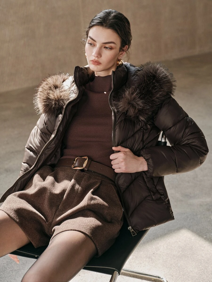 Anewsta Winter Brown Detachable Hood Fur Collar Padded Coat - Coffee Brown - View 1