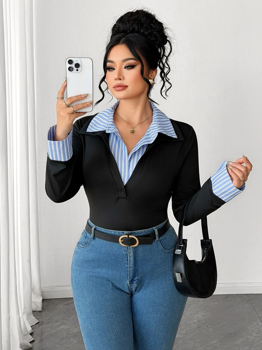 Elenzga Plus Size Women's Sexy High-End Contrast Color 2 In 1 POLO Collar Top, Spring Slim Fit Flattering Inner Layer Base Shirt, - Multicolor - View 1