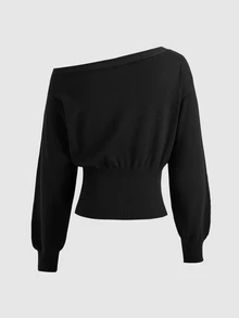 SHEIN Teen Girls Sweaters Autumn/Winter New Brown Asymmetric Off-Shoulder Cinched Waist Cropped Knit Sweater - Black - View 2