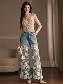 Anewsta Women's Elegant Floral Lace Patchwork Straight Leg Denim Jeans With Pockets - Blue - View 3