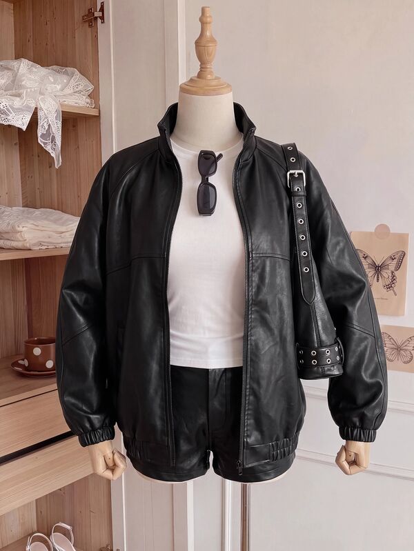 Comfortcana Plus Size Women's Solid Color PU Leather Long Sleeve Zipper Front Jacket
