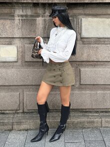 StreetHx Fashion Casual Vintage Court Style Napoleon Multi-Button Double Waist Low-Waist Denim Skirt - Army Green - View 6