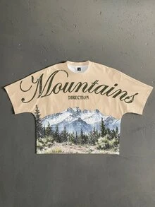StoneGrade OEM 數位印花寬鬆短版蝙蝠袖 T-shirt（高品質） - 卡其色 - 查看 1