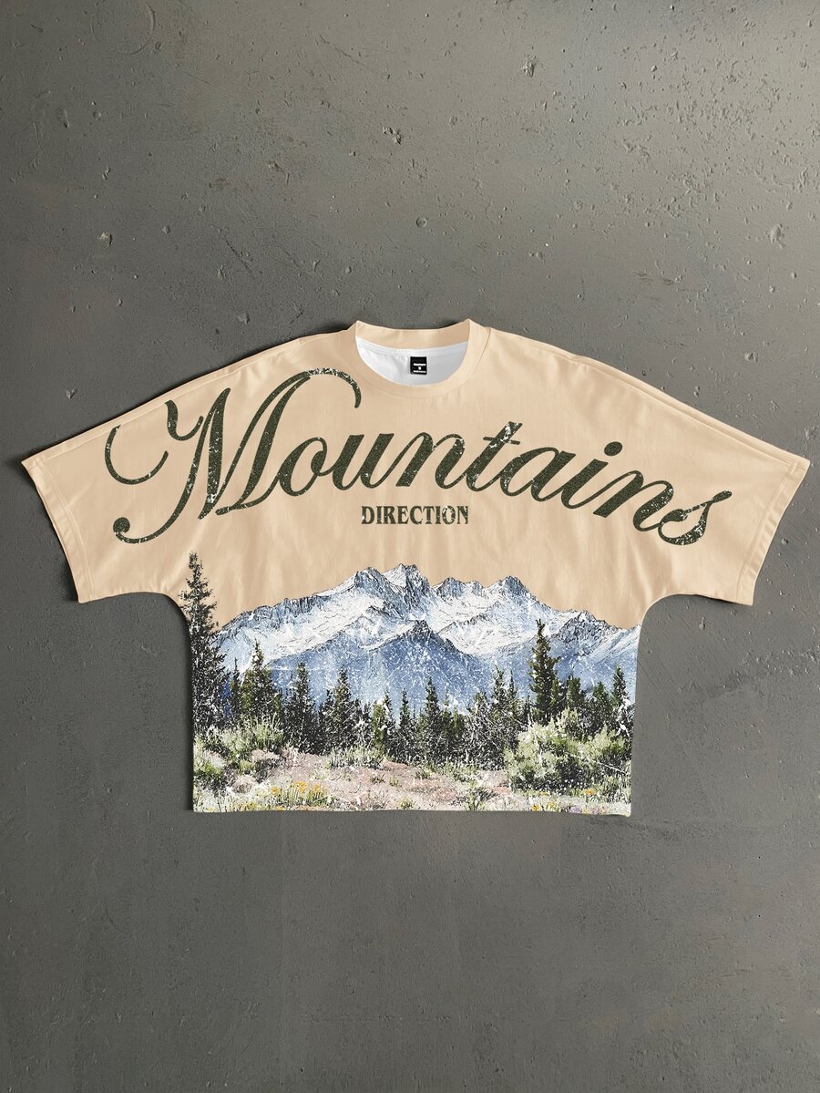 StoneGrade OEM 數位印花寬鬆短版蝙蝠袖 T-shirt(高品質) - 卡其色 - 查看 1