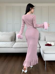 Feyla New French Design V-Neck Cinched Waist Furry Ruffle Cuff Sexy Elegant Lady Style Knit Dress - Dusty Pink - View 6
