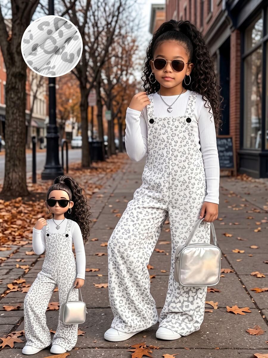 Elladie kids 女童可愛白色印花羅紋連身褲，2026年秋季時尚寬腿吊帶褲，7歲生日婚禮幼兒園仙女公主風