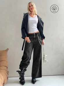 BAD SUNDAY Women's Wide Leg Loose Casual Versatile Denim Jeans With Pockets - Black - View 3