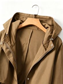 SHEIN LUNE CURVE 大尺碼女款收腰連帽風衣外套 韓系休閒優雅青春感 寬鬆版型 高級夏季秋季服飾 - 摩卡棕 - 查看 3